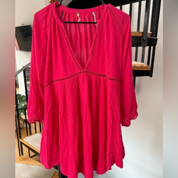 Free People Tops - Free People Pink Long-sleeve V-neck Fit & Flare Flowy Boho Dress Size M